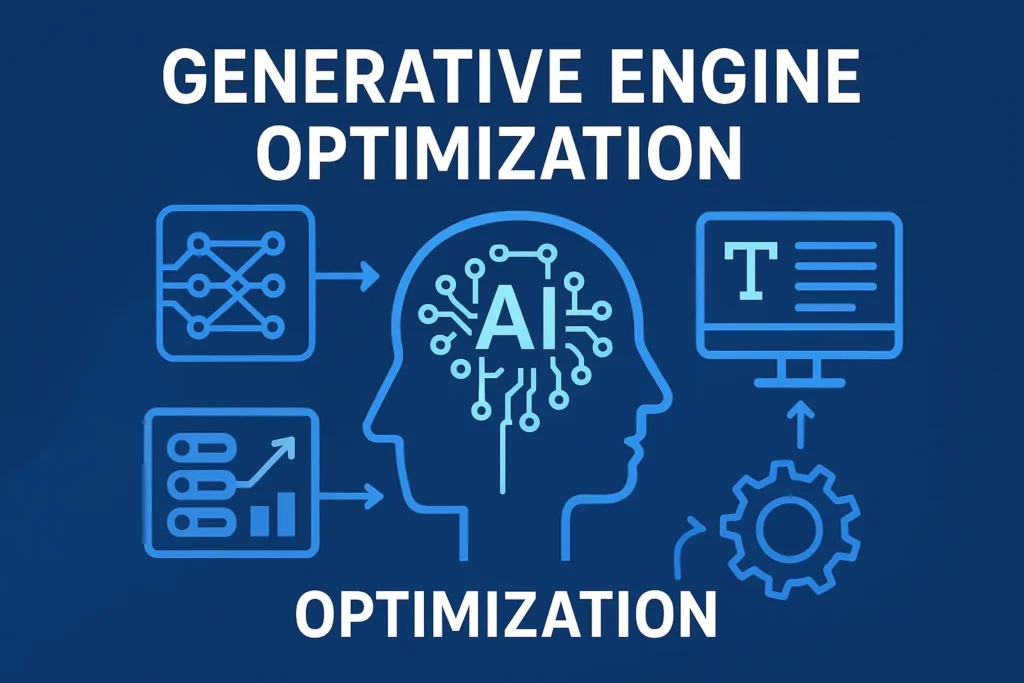 Generative Engine Optimization concept illustration showing AI algorithms enhancing search visibility through content generation and ranking strategies.