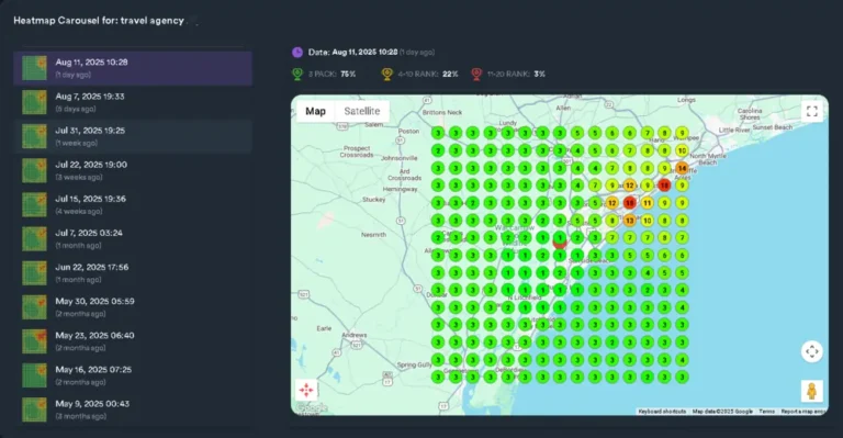 Heatmap showing Google Maps rankings for “travel agency” around Myrtle Beach, SC, with strong #1–3 rankings in green and weaker rankings (#10–19) clustered near the coast.