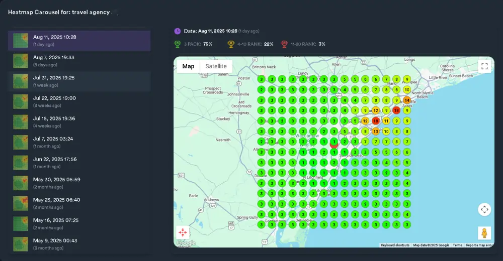 Heatmap showing Google Maps rankings for “travel agency” around Myrtle Beach, SC, with strong #1–3 rankings in green and weaker rankings (#10–19) clustered near the coast.